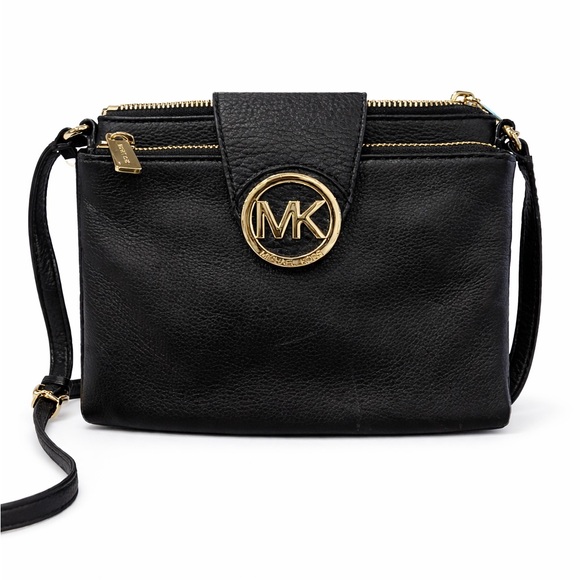 Michael Kors Handbags - MICHAEL Michael Kors Black Pebbled Leather Logo Crossbody | Gold Hardware
